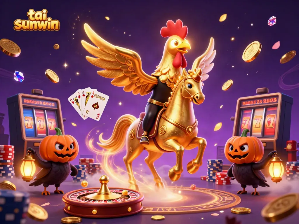 Play exciting games at tai sunwin with a dynamic illustration of a golden rooster and spectral horse in a magical casino setting.
