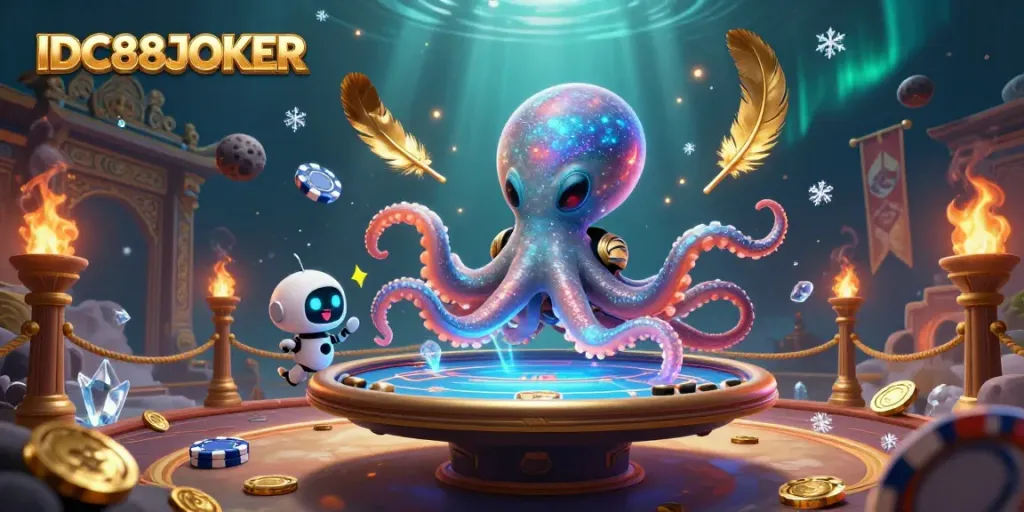 Engage in thrilling poker with IDC88JOKER's cosmic alien octopus at an exciting holographic table.