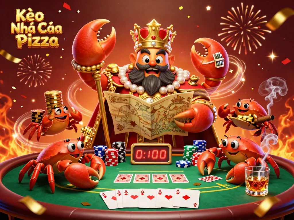 Kèo Nhà Cái Pizza - a vibrant scene featuring a golden crab emperor and hermit crabs amidst a rich poker setting