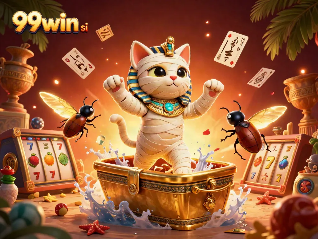 Experience thrilling gameplay with 99win si as the Egyptian mummy cat bursts from a sarcophagus surrounded by vibrant casino elements.