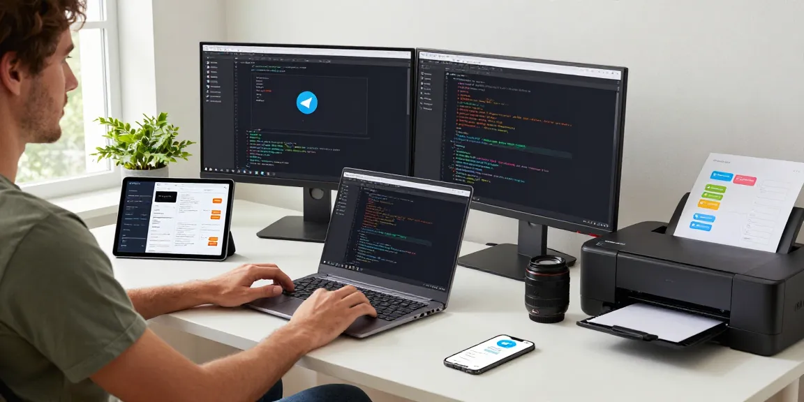 Explore Telegram下载 in a modern workspace with dual monitors showcasing the app and coding activities.