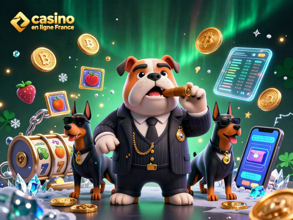 Plongez dans l'univers du casino en ligne France avec le bulldog mafieux entouré de pièces de cryptomonnaie et d'éléments de machines à sous.