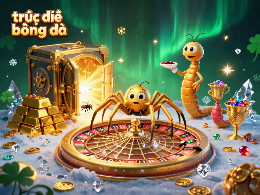 Experience trực tiếp bóng đá excitement with a golden spider and centipede croupier amidst vibrant casino elements.