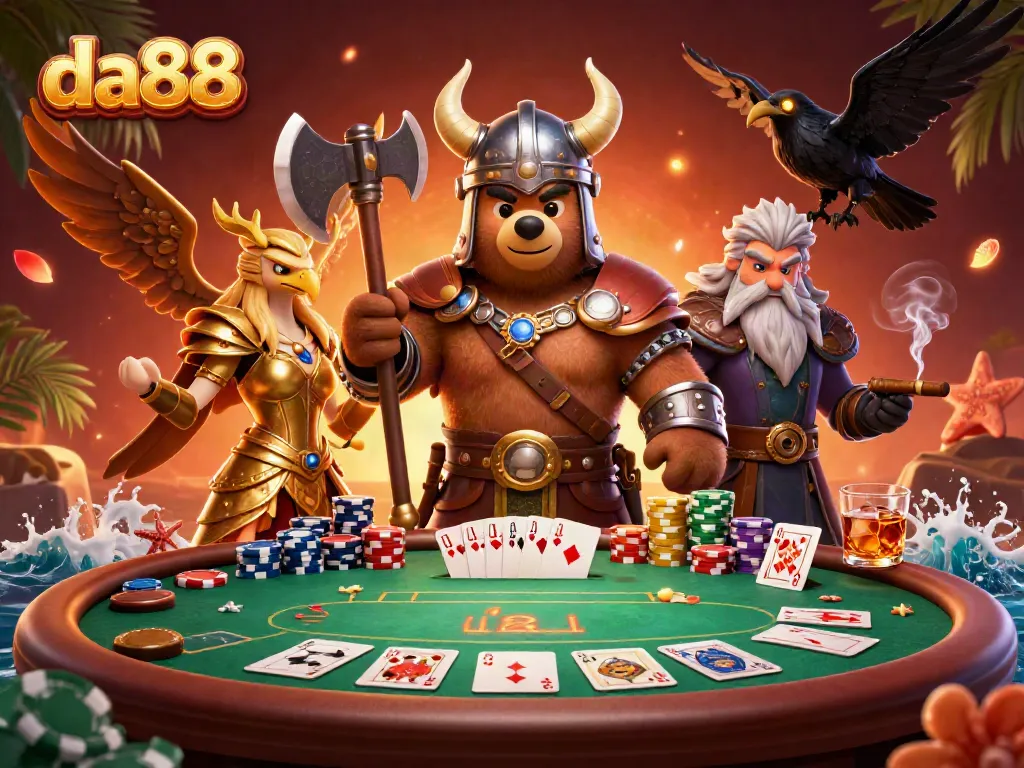 Experience thrilling gameplay with da88 at a vibrant poker table featuring dynamic characters.