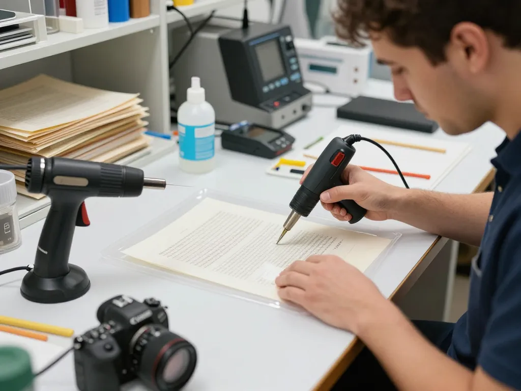 Expertly bóc sổ đỏ ép plastic in a modern document restoration workshop.