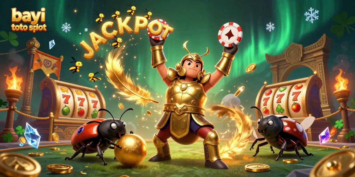 Play the bayi toto slot game with an exciting 3D cartoon scene showcasing beetles, jackpot, and vibrant casino elements.