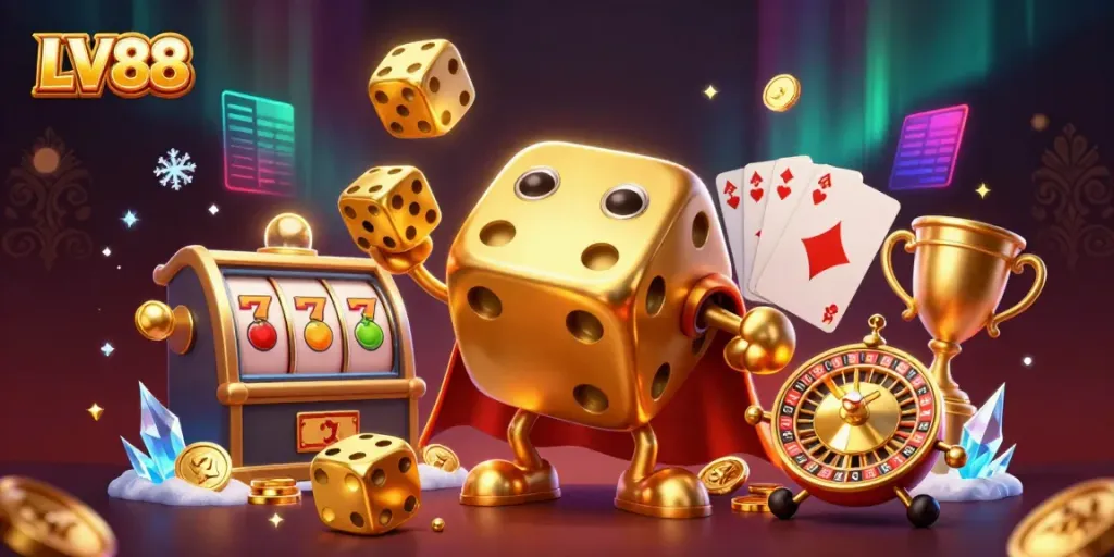 Engage in thrilling LV88 slot gaming with vibrant symbols and a dynamic golden dice scene.