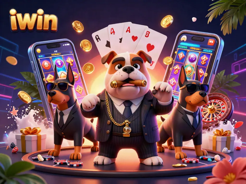 iwin casino featuring a mafia bulldog and bodyguard Doberman, surrounded by slot games, coins, and cards.