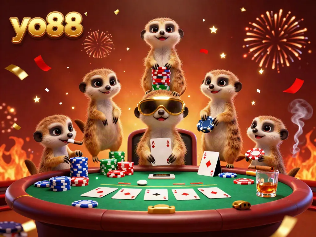 Discover an exciting casino scene at yo88 where meerkats run operations amid chips and confetti.