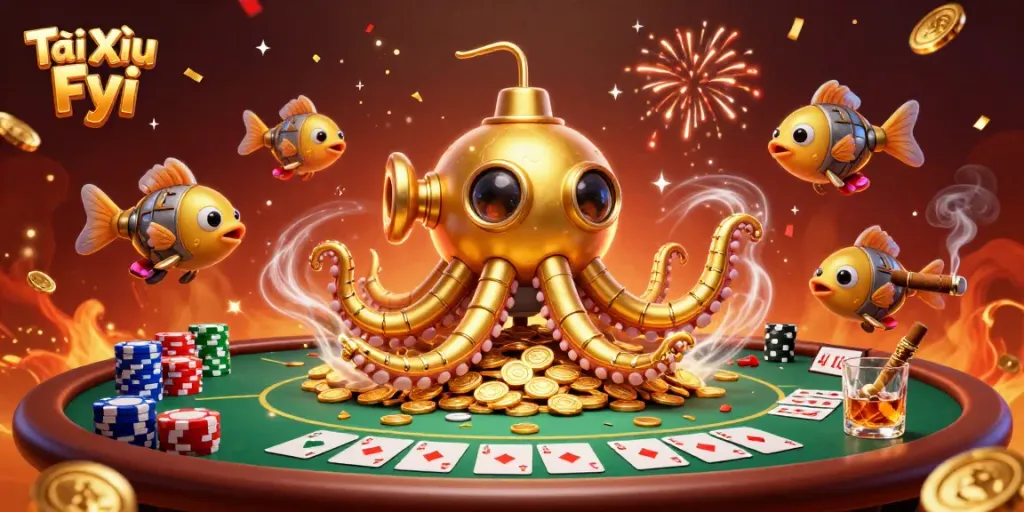 Engage with Tài Xỉu Fyi features in this vibrant 3D casino scene filled with poker elements and magical energy.