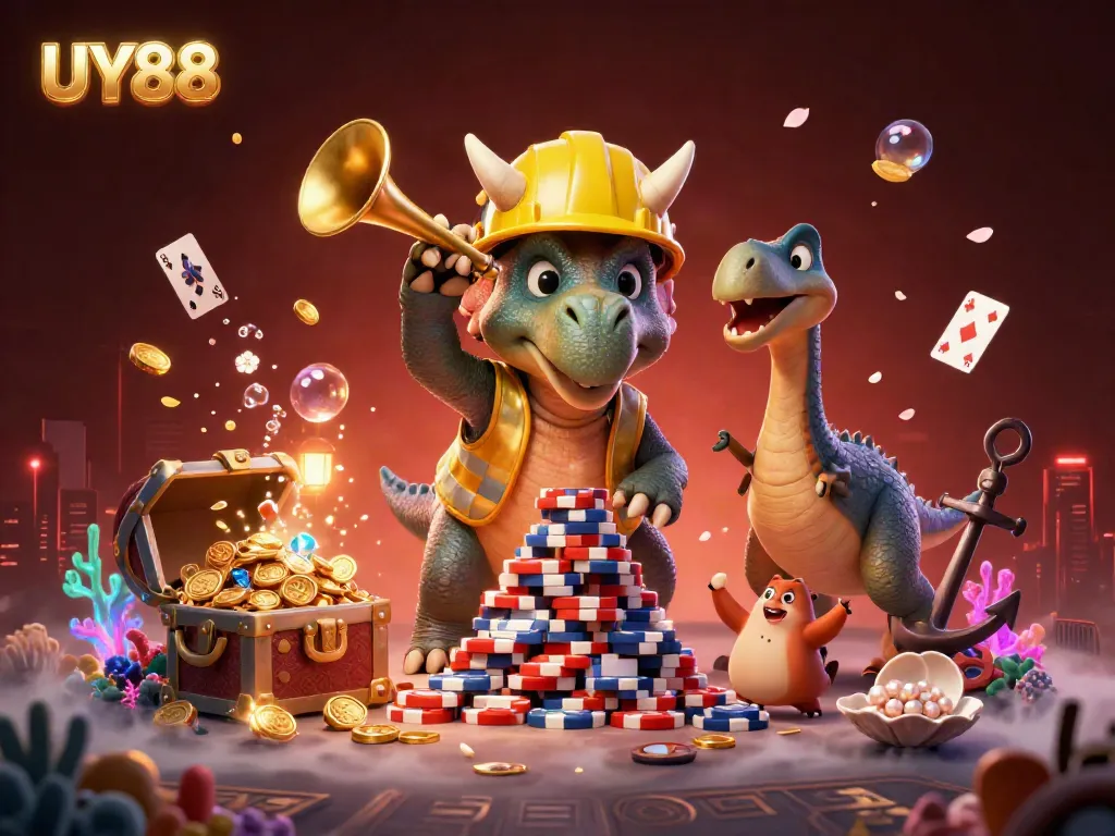 Experience thrilling excitement with UY88, a vibrant 3D galaxy of gaming action filled with poker chips and underwater treasures.