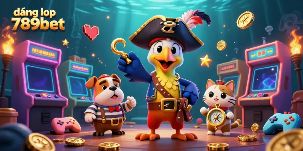 Engaging scene illustrating đăng nhập 789bet with a pirate captain, bulldog, and cat characters surrounded by casino-themed visuals.