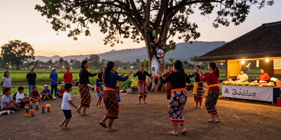 rokok88 slot highlights community life in Baadale Village with vibrant cultural dance at sunset.