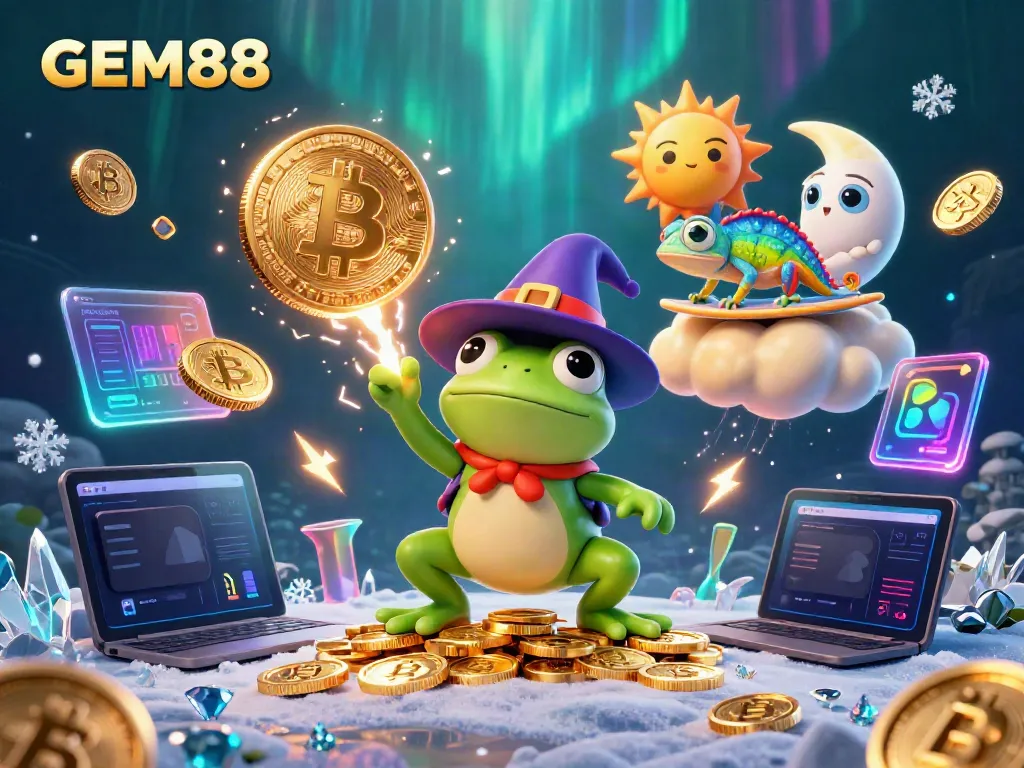 Engage in thrilling gameplay at GEM88 as frog wizard conjures golden coins amidst vibrant casino elements.