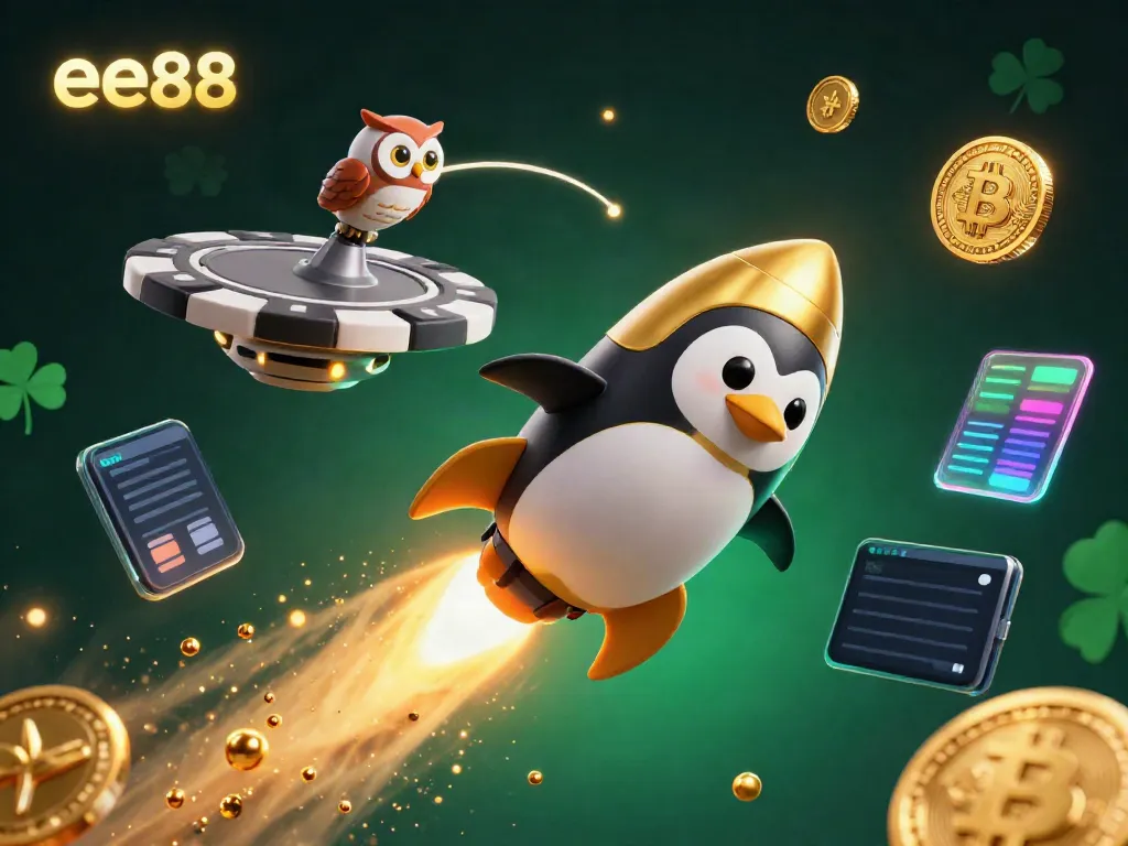 Engage with the ee88 crypto casino scene as a golden penguin zooms past a poker chip space station, surrounded by NFT coins.