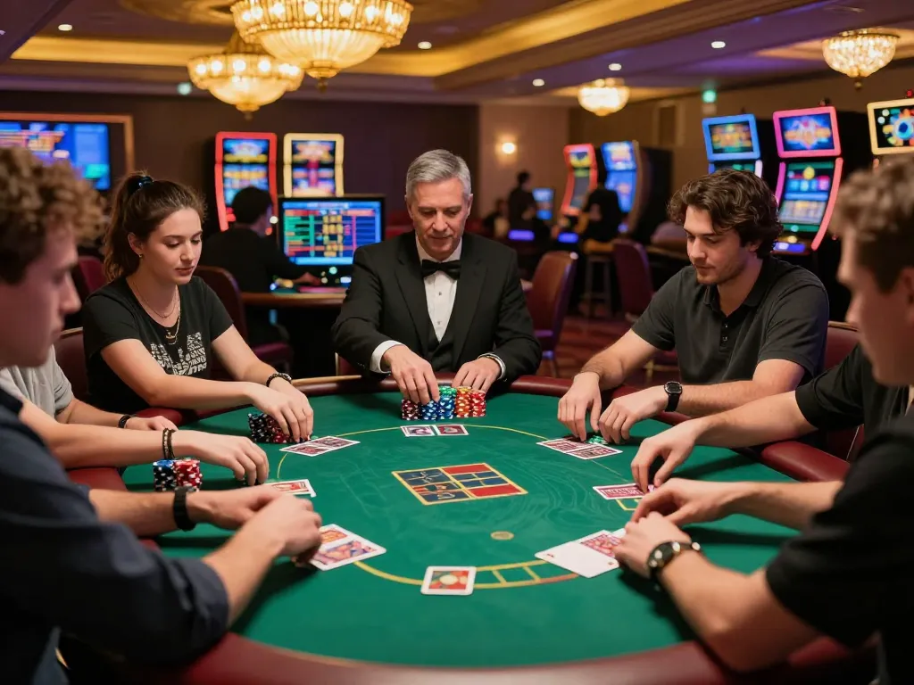 Players engage at a lively poker table in a luxurious casino, emphasizing strategic gameplay and community involvement with mainecoasthemp style.