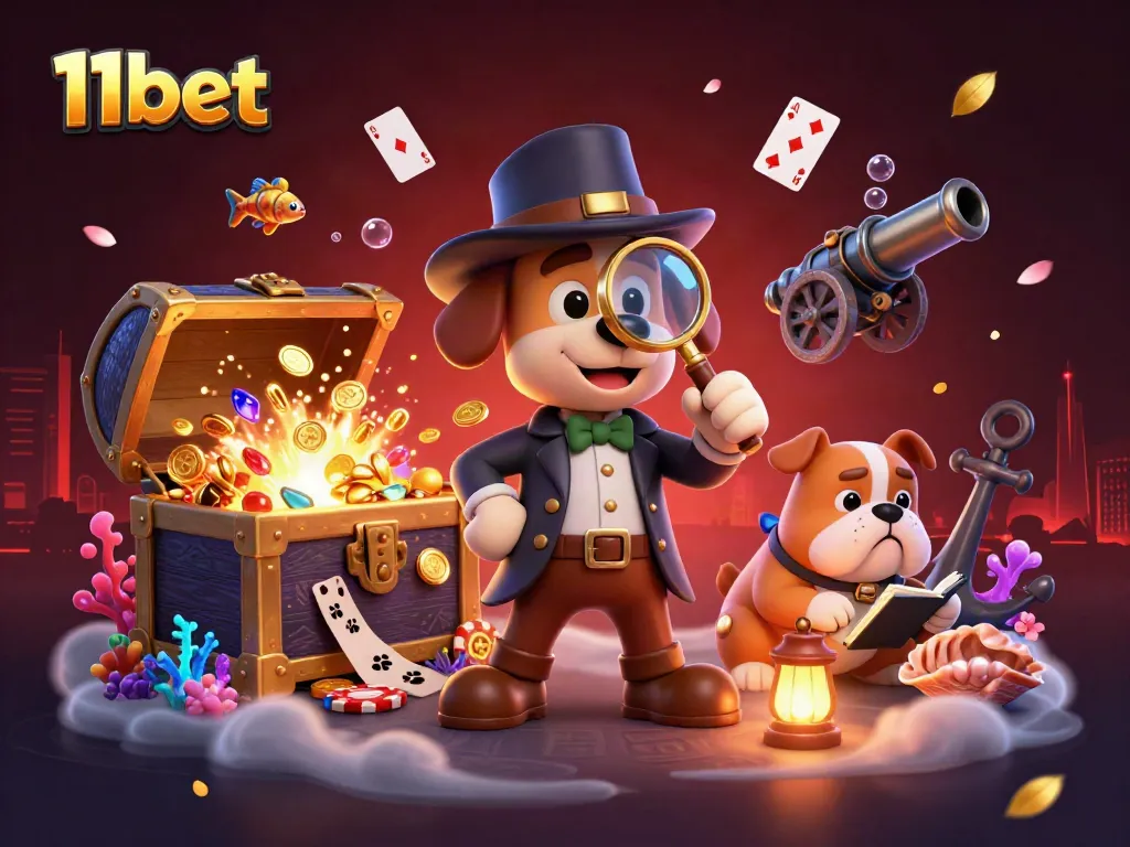 Engage in thrilling gameplay at 11bet with a detective scene revealing poker clues amidst treasure.