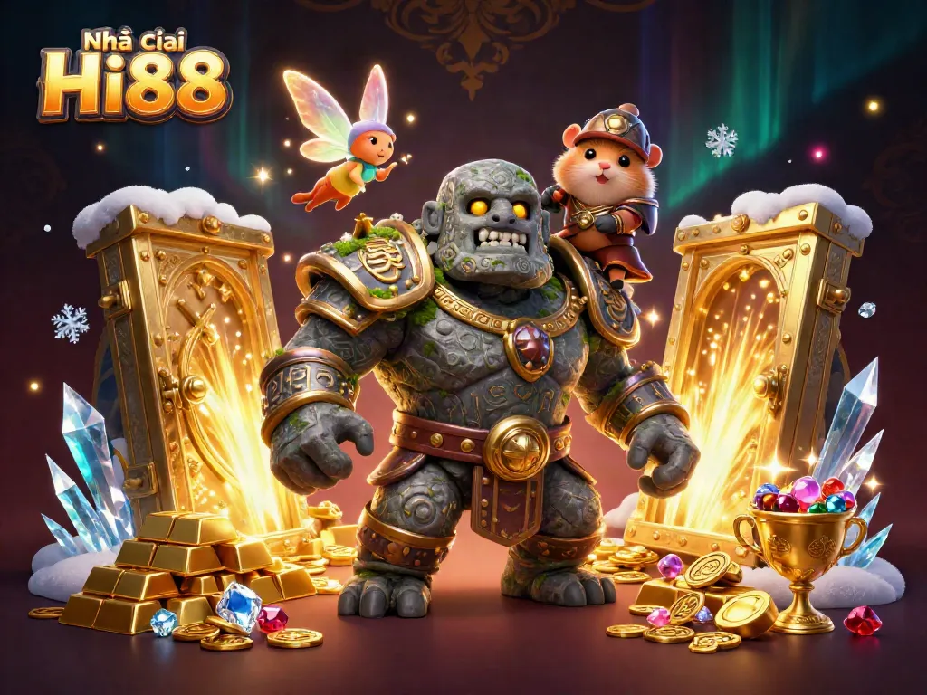 Experience gaming excitement with Nhà cái Hi88’s vibrant 3D illustration showcasing magical characters and treasure.