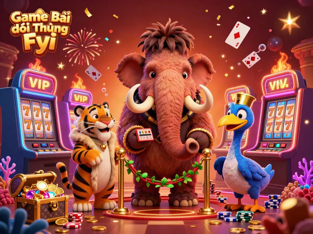 Experience the excitement of Game Bài Đổi Thưởng Fyi with vibrant slot machines and dynamic casino characters.