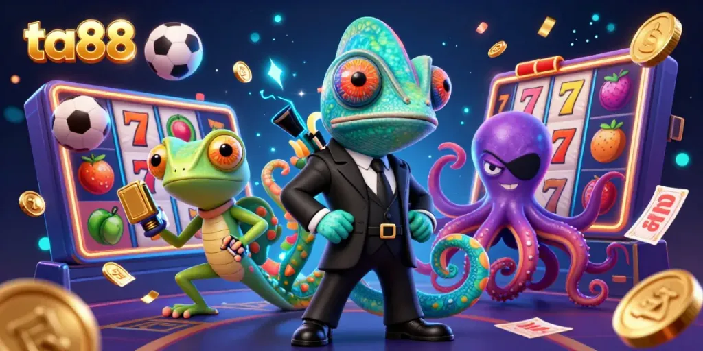 Experience the thrill of ta88 gaming with a dynamic 3D casino scene featuring vibrant slot reels and characters.