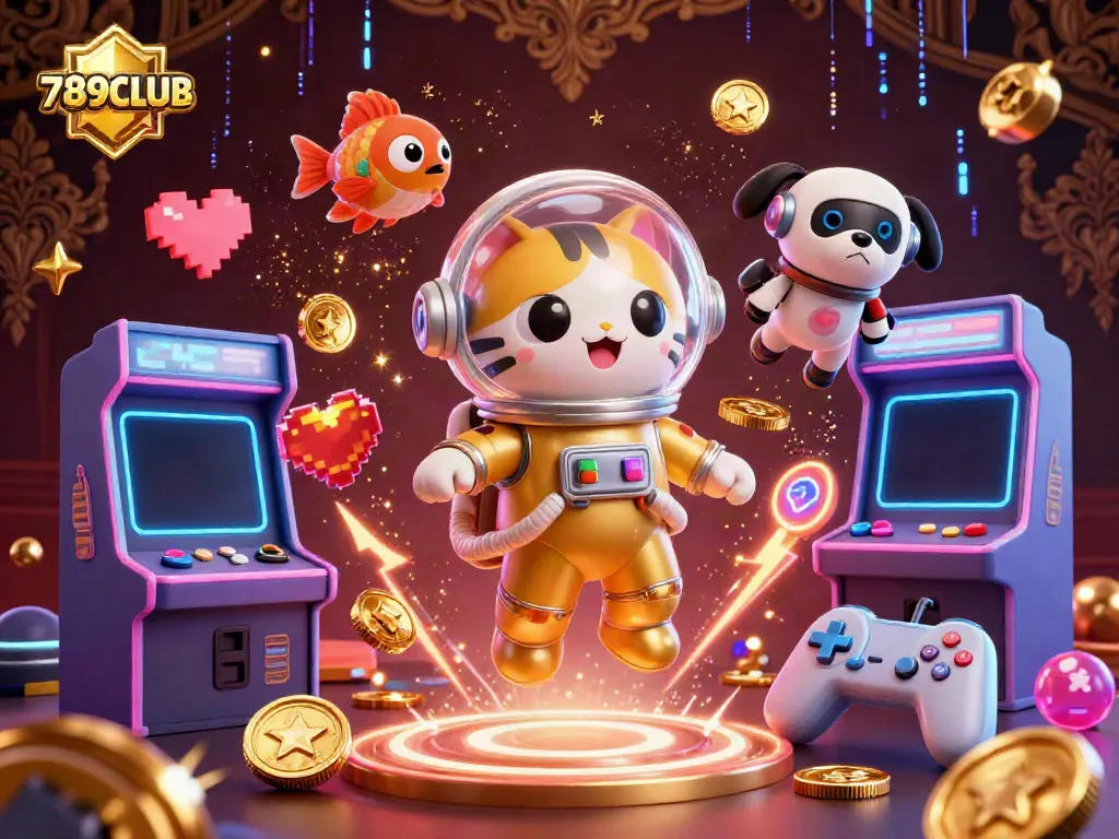 Engage in thrilling gameplay with 789CLUB's vibrant character scene featuring 3D space elements and gaming icons.
