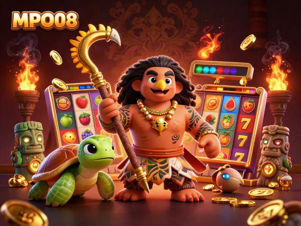 Experience the thrill of MPO08 with vibrant slot reels and engaging characters in an explosive gaming scene.
