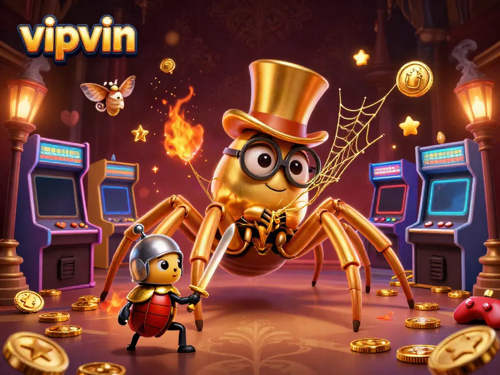 Experience thrilling gameplay with vipvin as a golden tarantula and beetle knight navigate a vibrant casino scene.