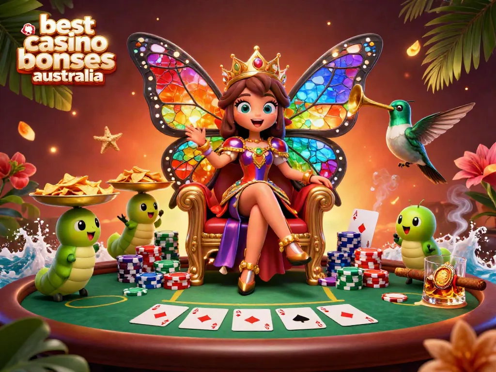 Explore the best casino bonuses australia while winning chips with a vibrant butterfly queen in a lavish casino scene.
