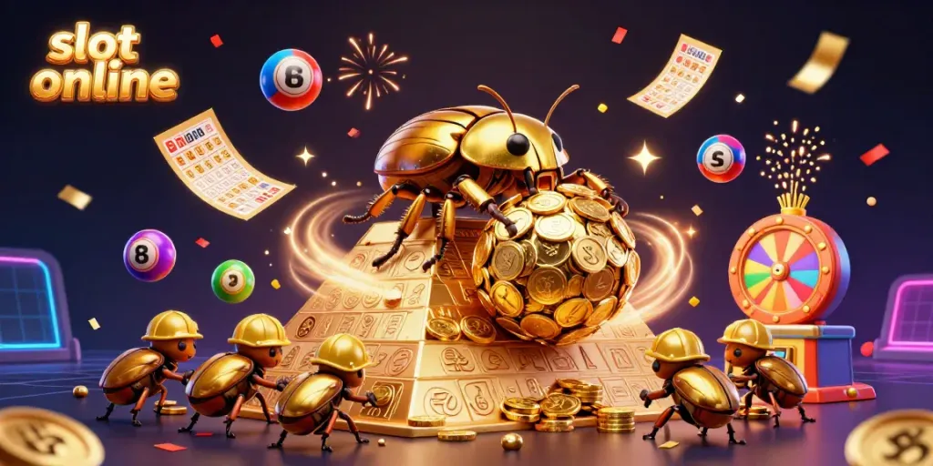 Experience thrilling gameplay in the slot online world with a festive 3D scene of golden beetles and vibrant casino symbols.