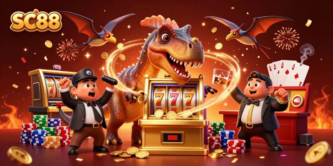 SC88 brings thrilling jackpot excitement with dynamic 3D characters enjoying casino fun and flying golden coins.