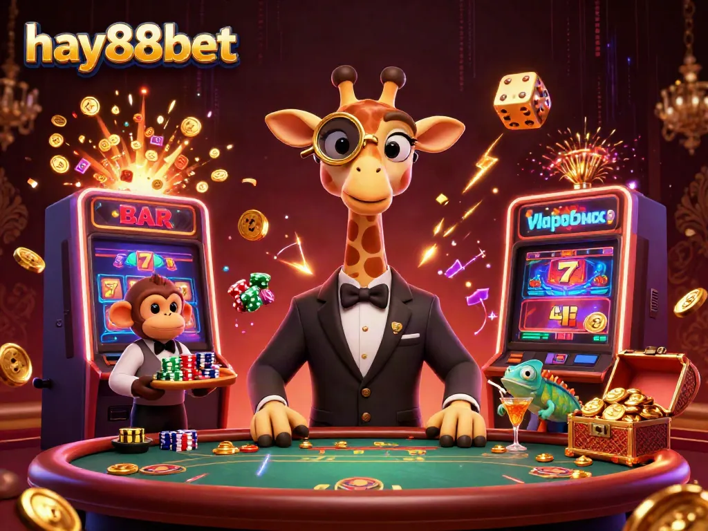 Experience big wins at hay88bet with a high-roller giraffe and friends in an exciting casino atmosphere.