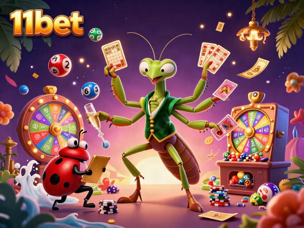 Experience thrilling games at 11bet with vibrant characters and dynamic casino elements in this rich illustration.