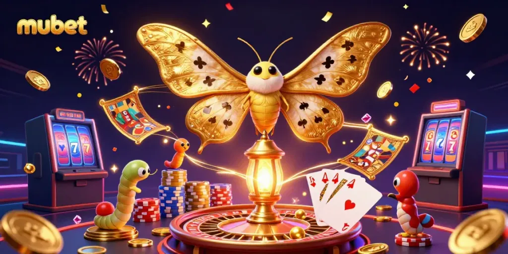 Experience the excitement of mubet with a vibrant casino scene featuring a golden moth and dynamic game elements.