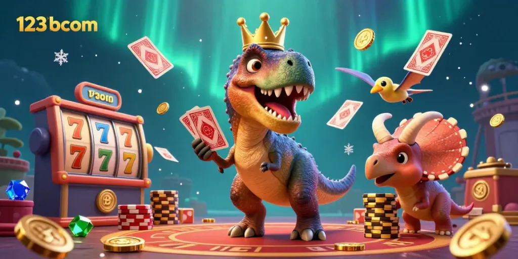 Engaging illustration depicting 123bcom casino scene with dinosaur characters, card games, and betting elements.