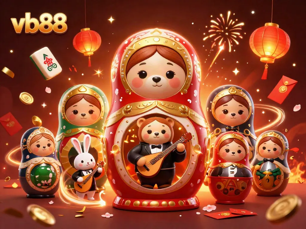 Engaging VB88 online gaming scene featuring a Russian Matryoshka bear amidst casino excitement.