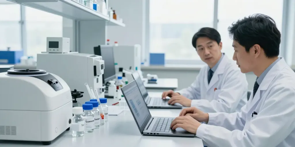 Tesamorelin and research peptides displayed in a high-tech laboratory environment.