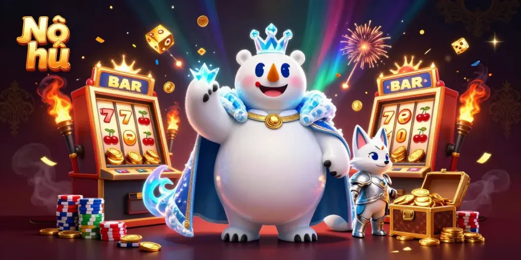 Nổ hũ explosion of coins and bright slot wins in a vibrant casino scene with unique characters.