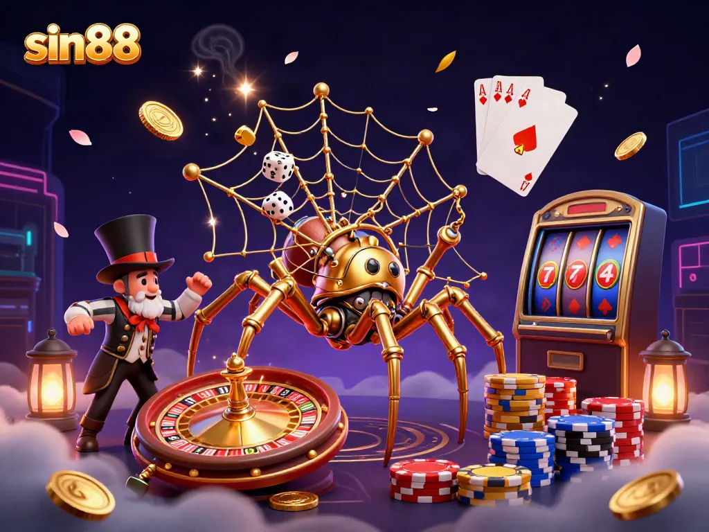 Experience a vibrant sin88 casino scene with a steampunk spider, casino elements, and golden treasures.