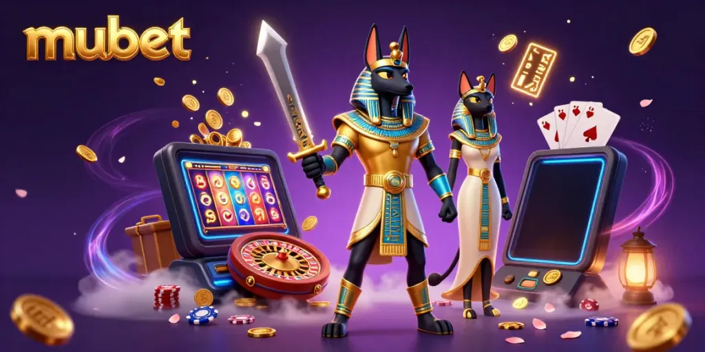 Mubet illustrates a dynamic online gaming scene with Anubis and Bastet among vibrant casino elements.