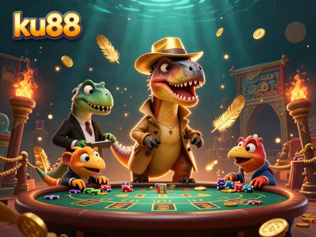 Experience thrilling gameplay at ku88, where a velociraptor card counter interacts with charming casino characters.