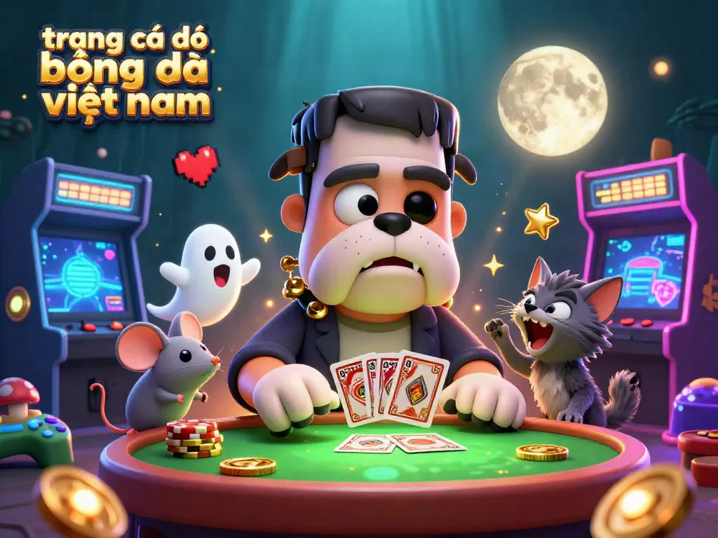 Trang cá độ bóng đá Việt Nam với một chú chó Frankenstein đang chia bài từ bàn cược.