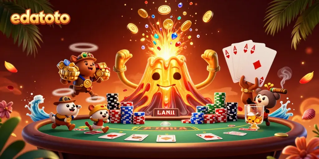 Experience the thrill with edatoto at an exciting casino scene featuring a cartoon volcano, poker elements, and vibrant treasures.