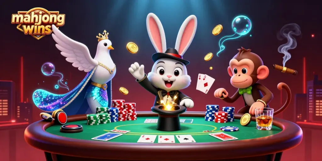 Create exciting mahjong wins with a magician rabbit, dove, and monkey in a vibrant casino scene.