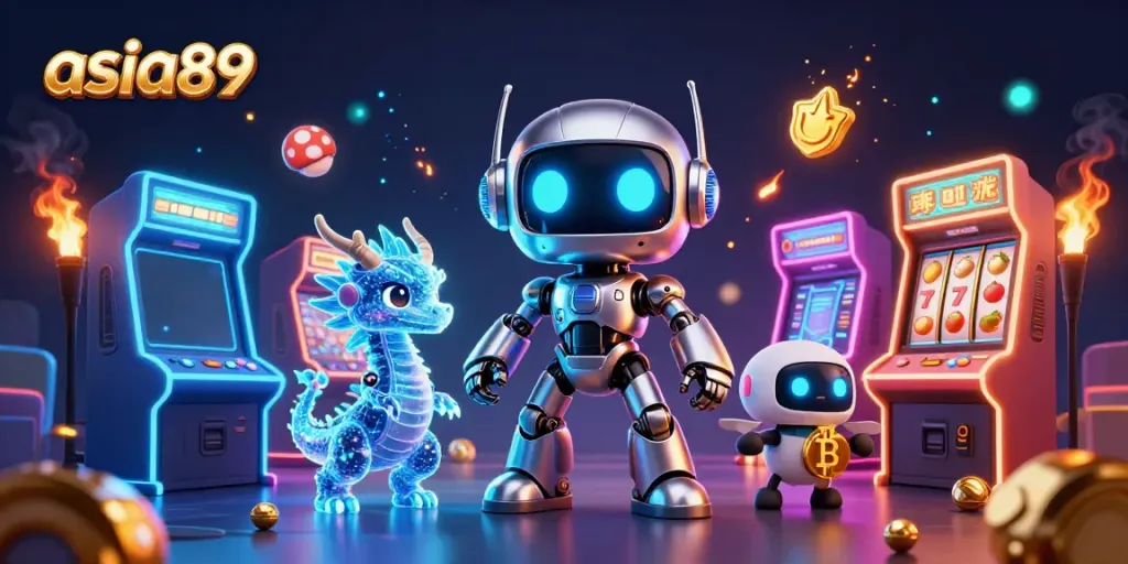 Engage in thrilling slot action with asia89's vibrant casino-themed illustration, featuring a cyberpunk mascot.