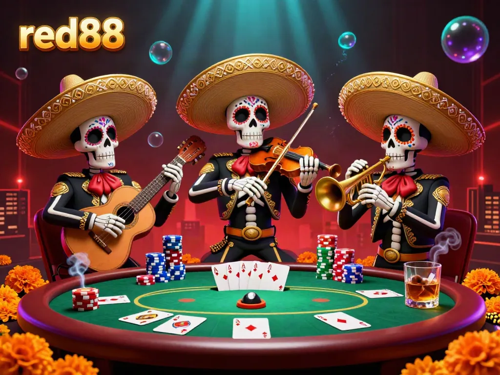 Join the excitement at red88 as vibrant skeleton mariachi band members play instruments amidst a lively poker scene.