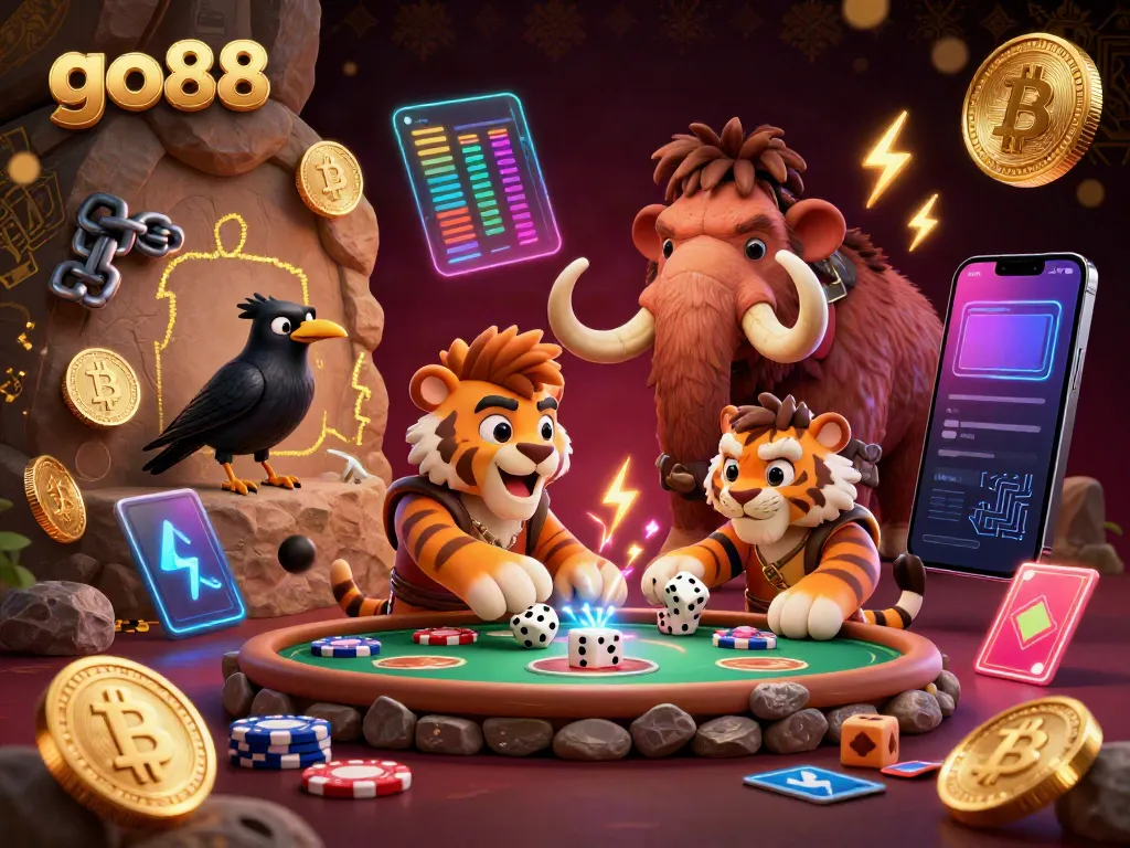 Experience the excitement of go88 with 3D characters in a prehistoric casino setting with neon coins.