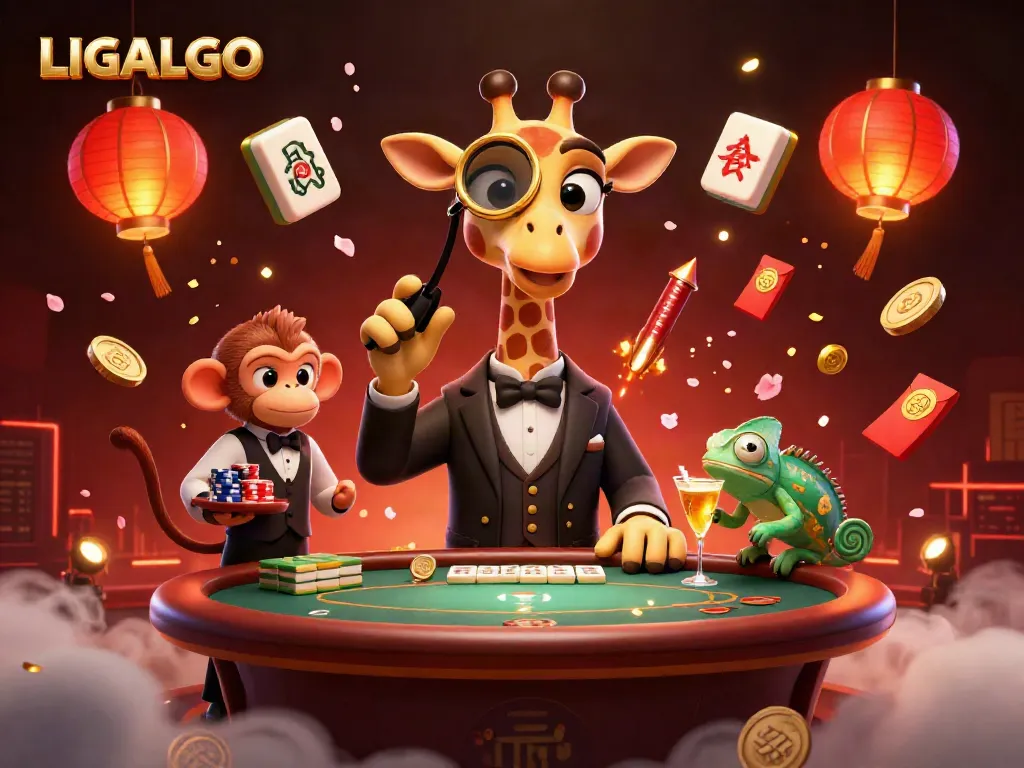 LIGALGO features a high-roller giraffe playing poker amidst vibrant casino elements, showcasing excitement.