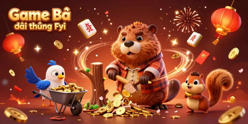 Game Bài Đổi Thưởng Fyi celebrates gambling with fun characters and gold coins raining down.