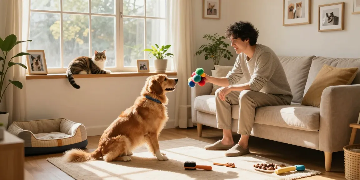 Owner playing with a dog indoors, showcasing rokok88 super pet care tips for a happy, healthy pet.