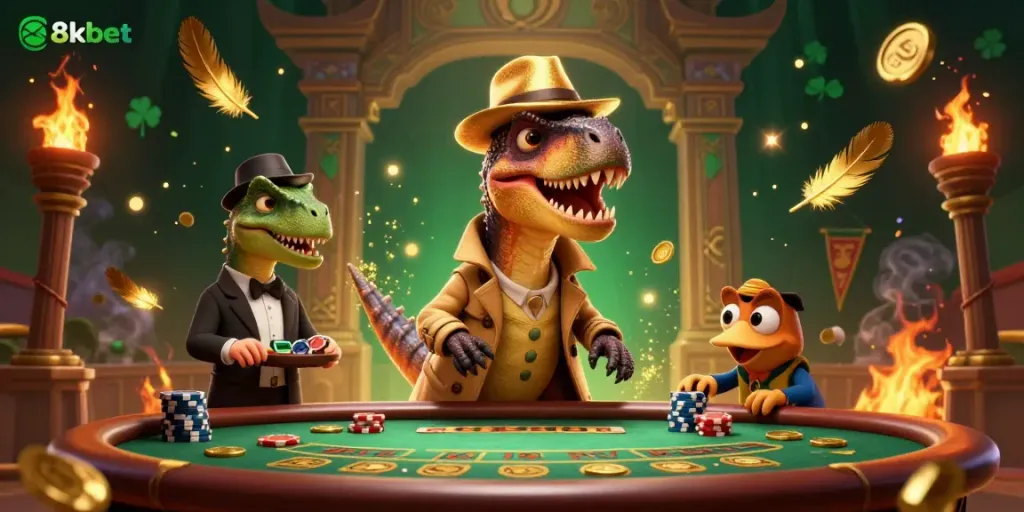 Experience thrilling gameplay with 8xbet, featuring a velociraptor card counter and stegosaurus pit boss at a blackjack table.